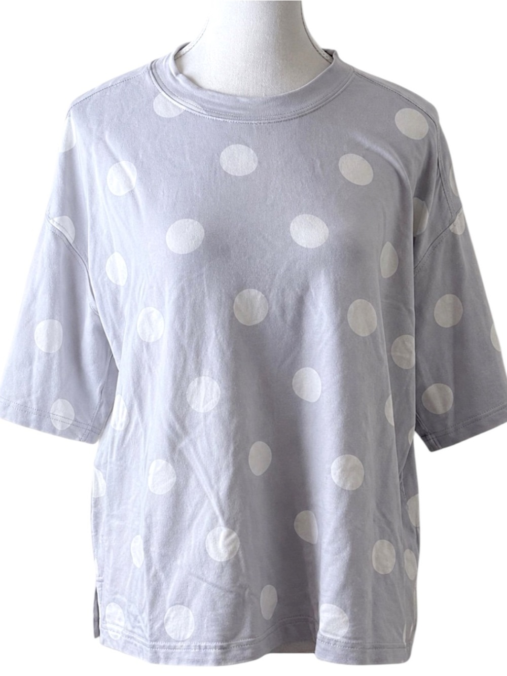 Rachel Zoe Gray White Polka Dot Knit Tee Womens L Rayon Blend Relaxed Top